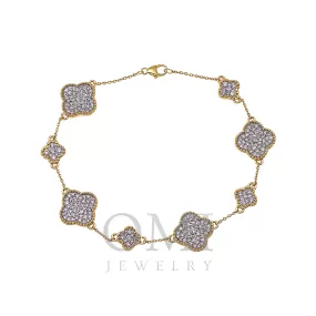 14K GOLD ROUND DIAMOND CLOVER CHAIN BRACELET 1.18 CT