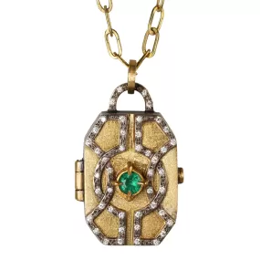 22 & 18K Gold Hand-Fabricated Locket with Center Emerald and Diamonds