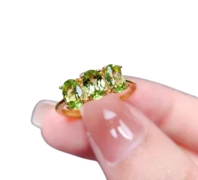 3 Oval Peridot Stones Gold Plated 925 Silver Ring