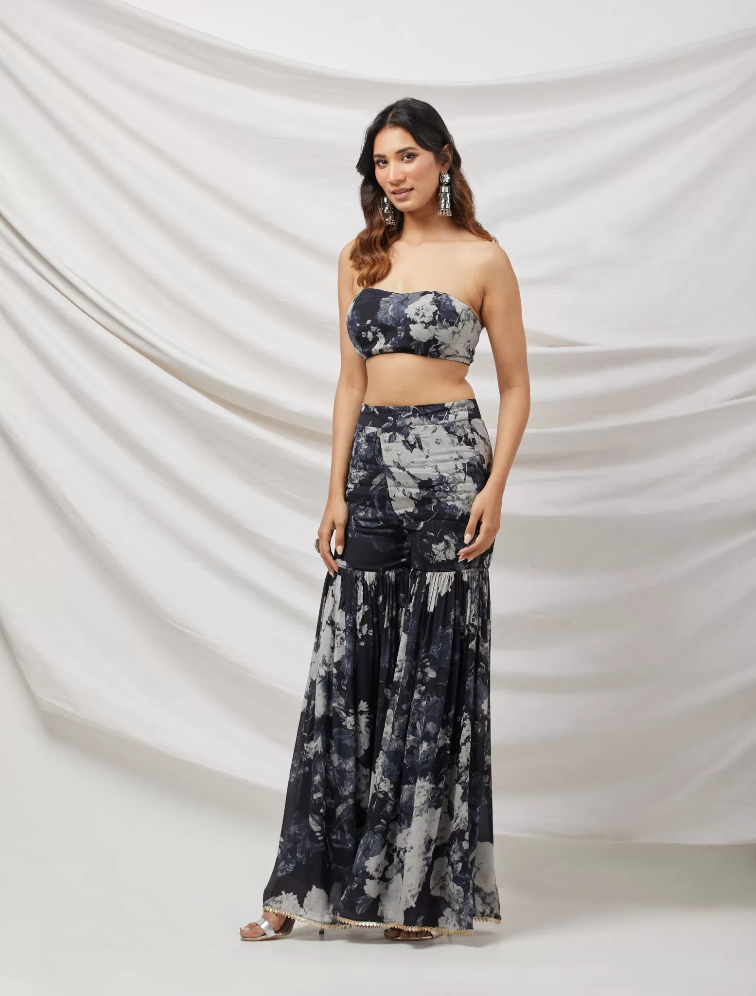 50Z886-NRO Black Indo Western One Shoulder Cape Sharara Set