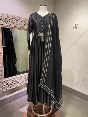 510075 Black Chanderi Silk Anarkali Suit with Dupatta