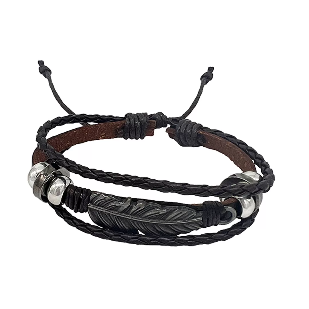 Adjustable Multi Strand Feather and Brown Leather Multistrand Bracelet silver