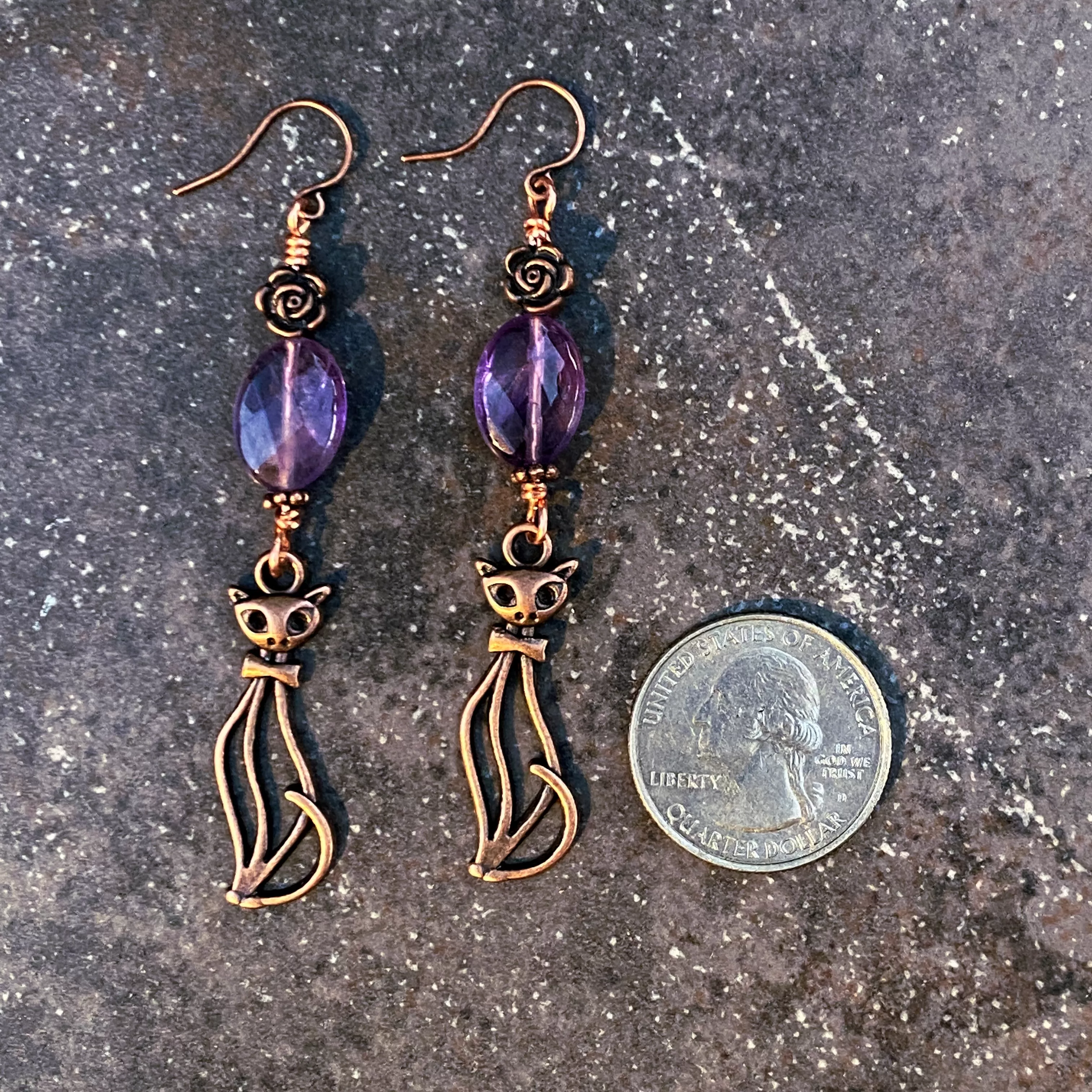 Amethyst gemstone and Copper Kitty Crystal Drop Earrings