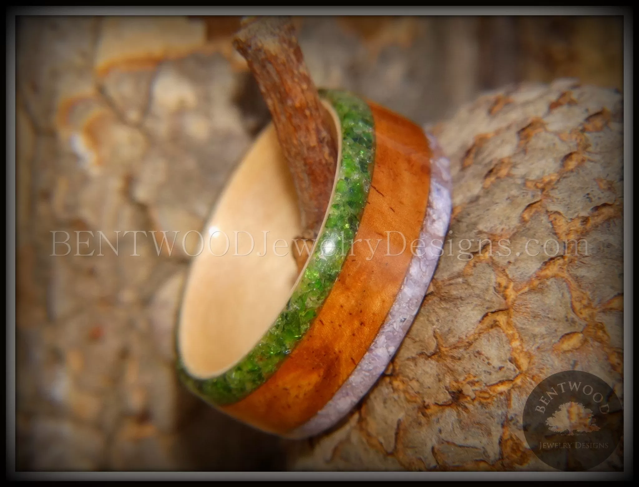 Bentwood Ring - Cherry with Maple Liner and Inlays of Aventurine and Charoite