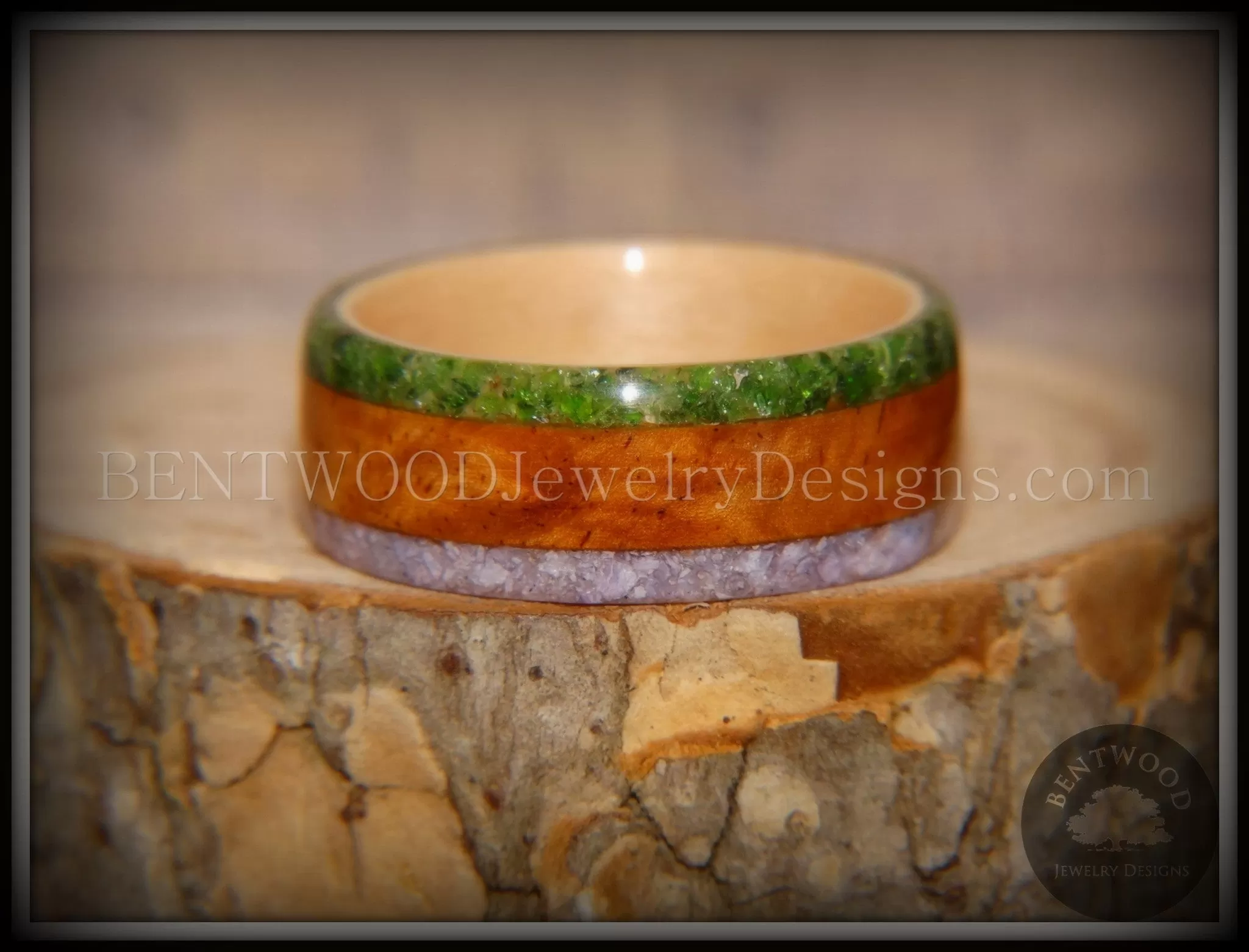 Bentwood Ring - Cherry with Maple Liner and Inlays of Aventurine and Charoite