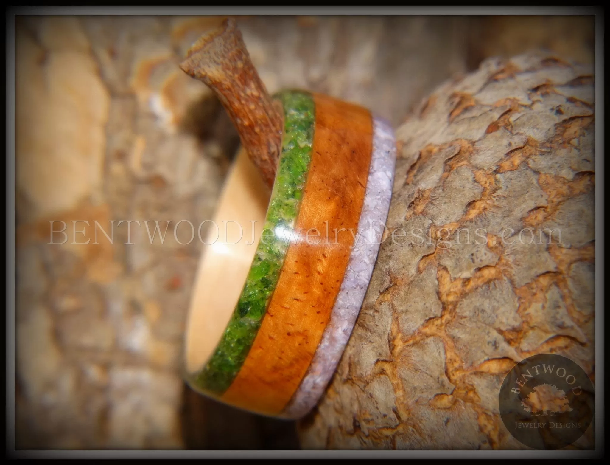 Bentwood Ring - Cherry with Maple Liner and Inlays of Aventurine and Charoite