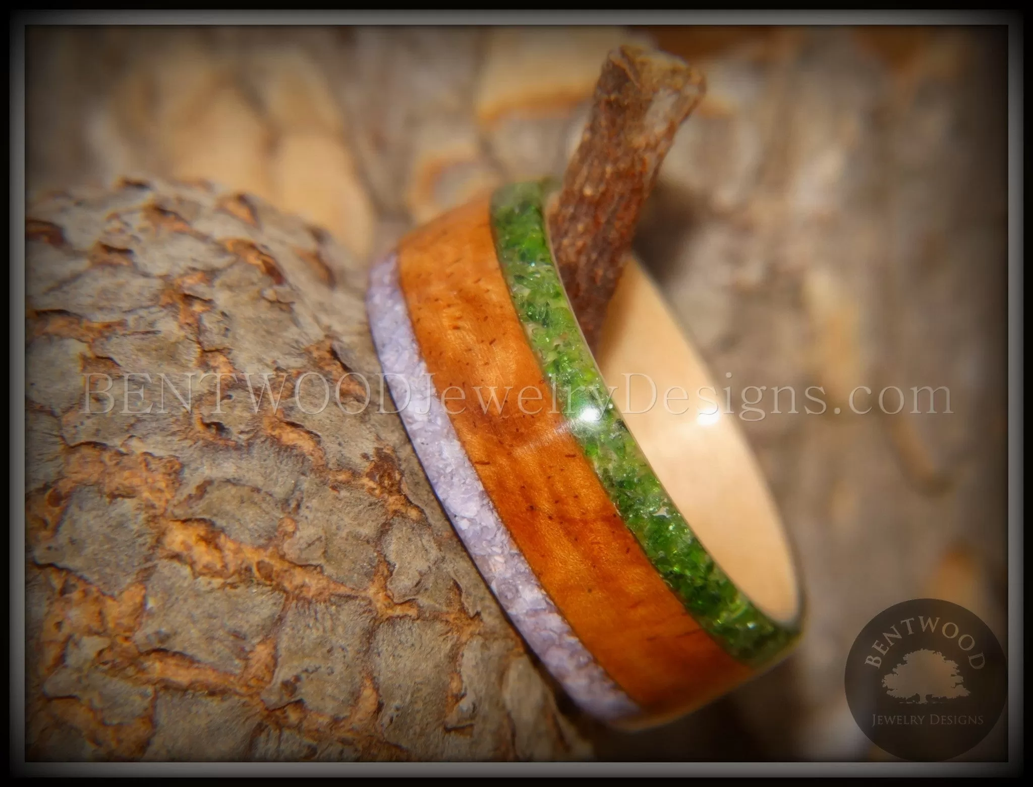 Bentwood Ring - Cherry with Maple Liner and Inlays of Aventurine and Charoite