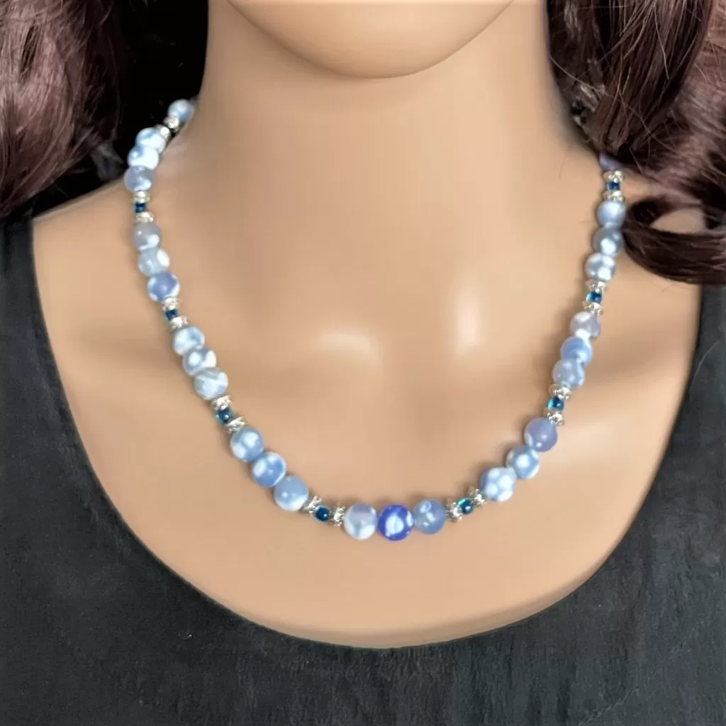 Blue and White Matte Agate and Blue Toho Beaded Necklace