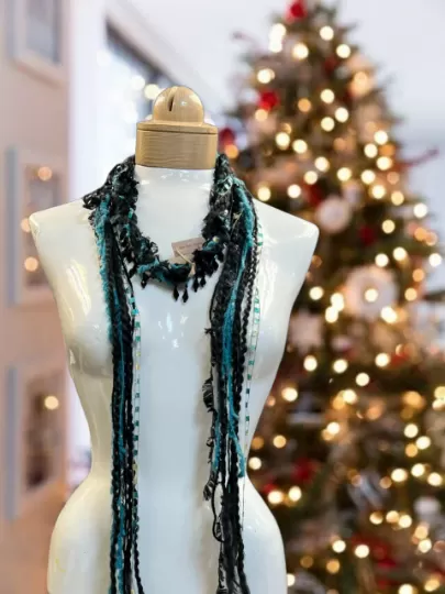 Boho Beaded Lightweight Mohair Scarf Necklace - Aqua Blue and Black with Gold Accents