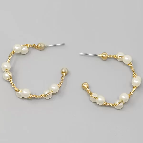 Braided Pearl Beaded Metal Hoop Earrings