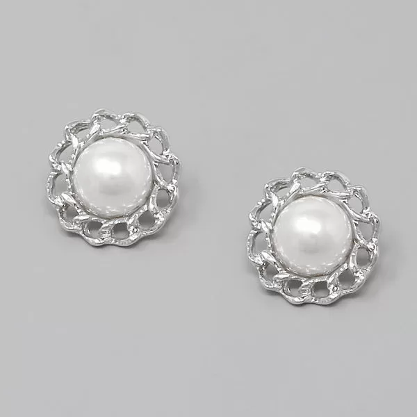 Chain Trimmed Pearl Dome Stud Earrings