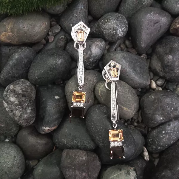 Citrine & White Topaz with White Zircon, Blue Topaz, White Zircon  & Blue Topaz 'ART DECO' Twinset Earrings