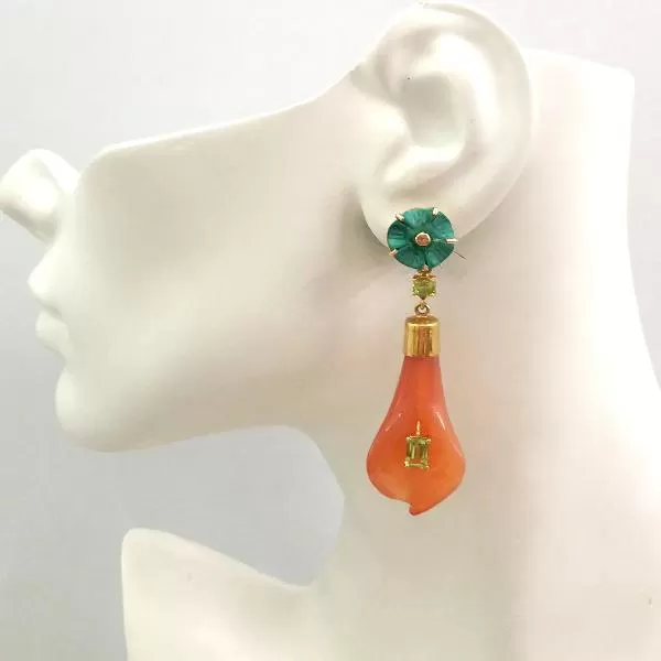 Citrine on a Carved Malachite Stud with Peridot and Peridot on a Carved Calla Lily Carnelian Detachable Twinset Earrings