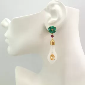 Citrine on a Carved Malachite Stud with Rhodolite Garnet and Citrine on a Carved Calla Lily White Jade Twinset Earrings