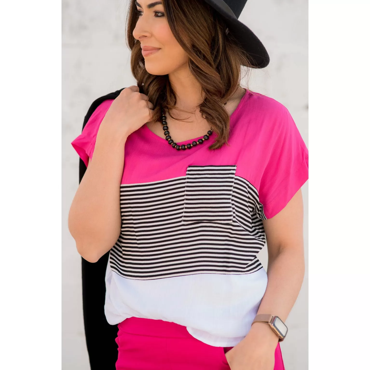 Color Blocked Striped Pocket Tee - Magenta