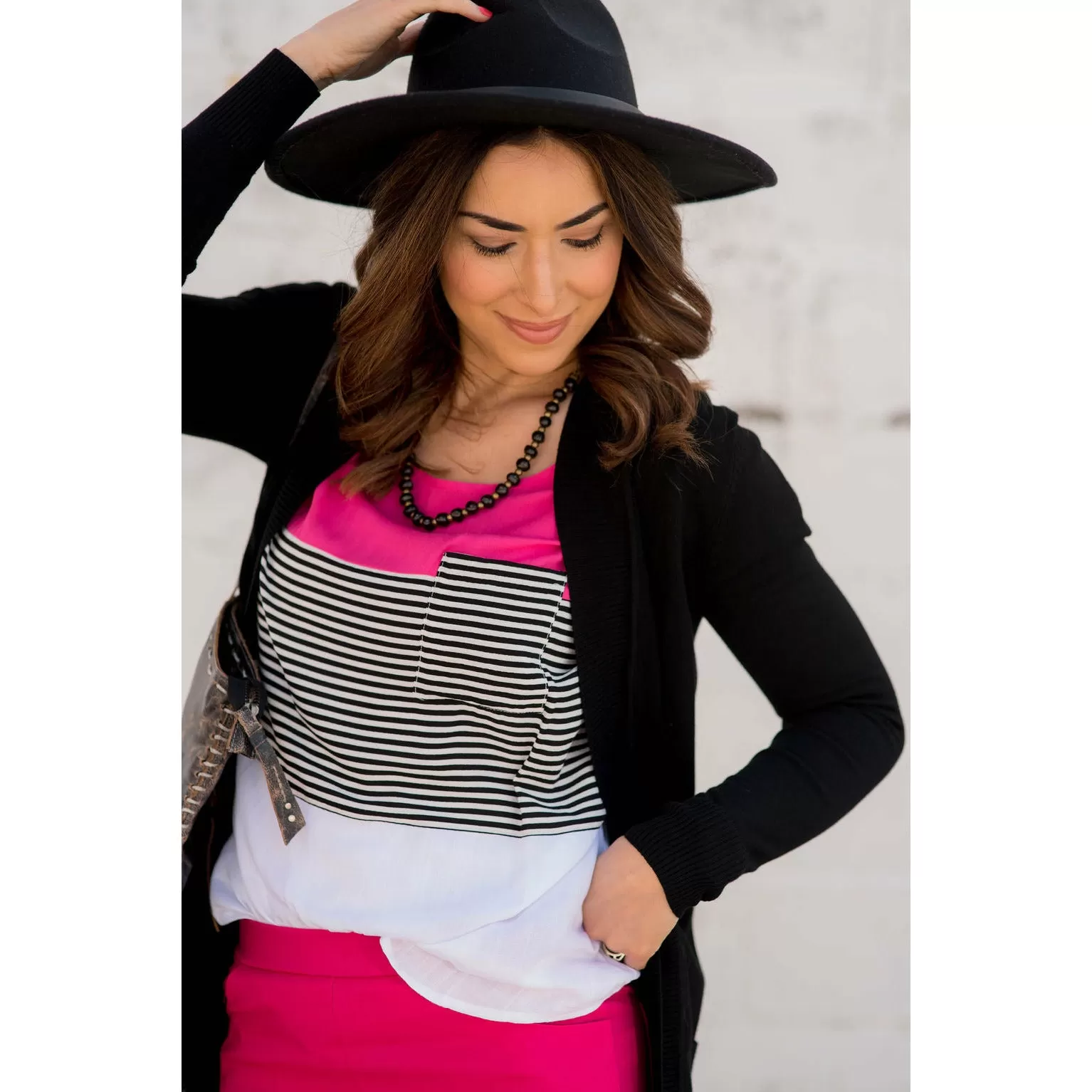 Color Blocked Striped Pocket Tee - Magenta