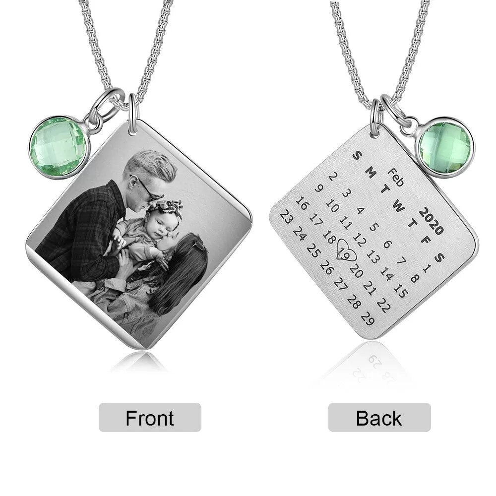 Customized Birthstone Calendar Date Engraved Necklace