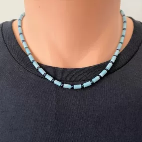 Denim Blue Agate Tube and Metallic Blue Toho Beaded Mens Necklace