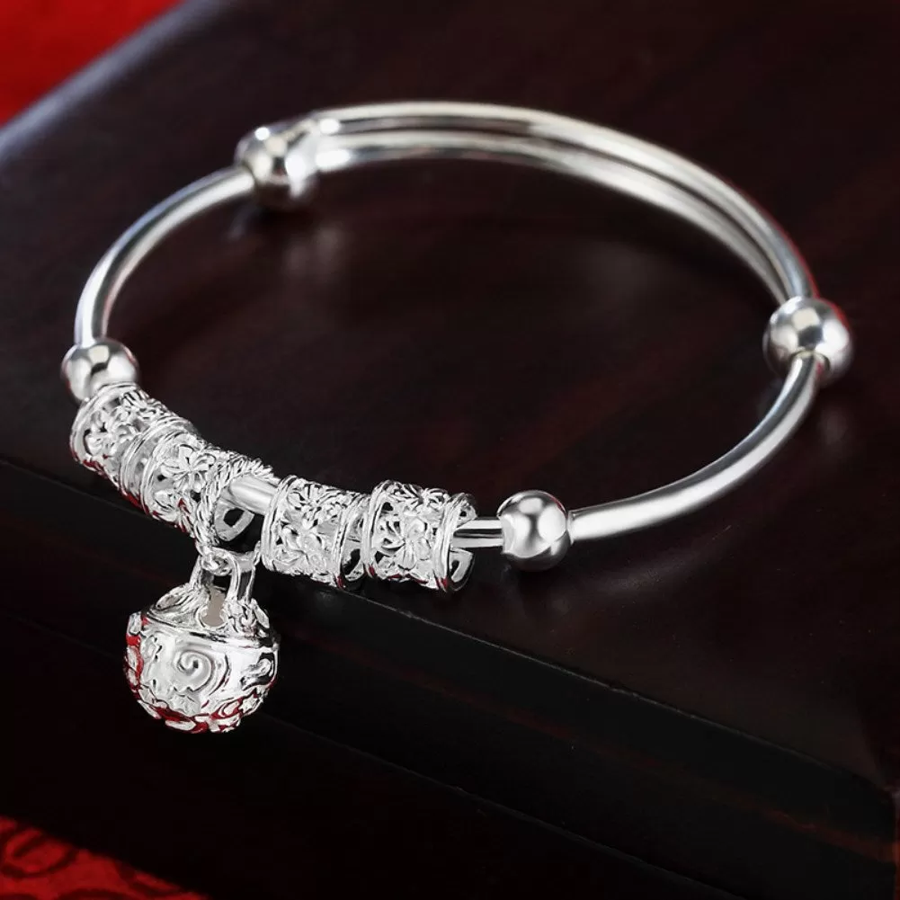 Fine 925 Sterling Silver hollow Bell bangle adjustable Bracelet