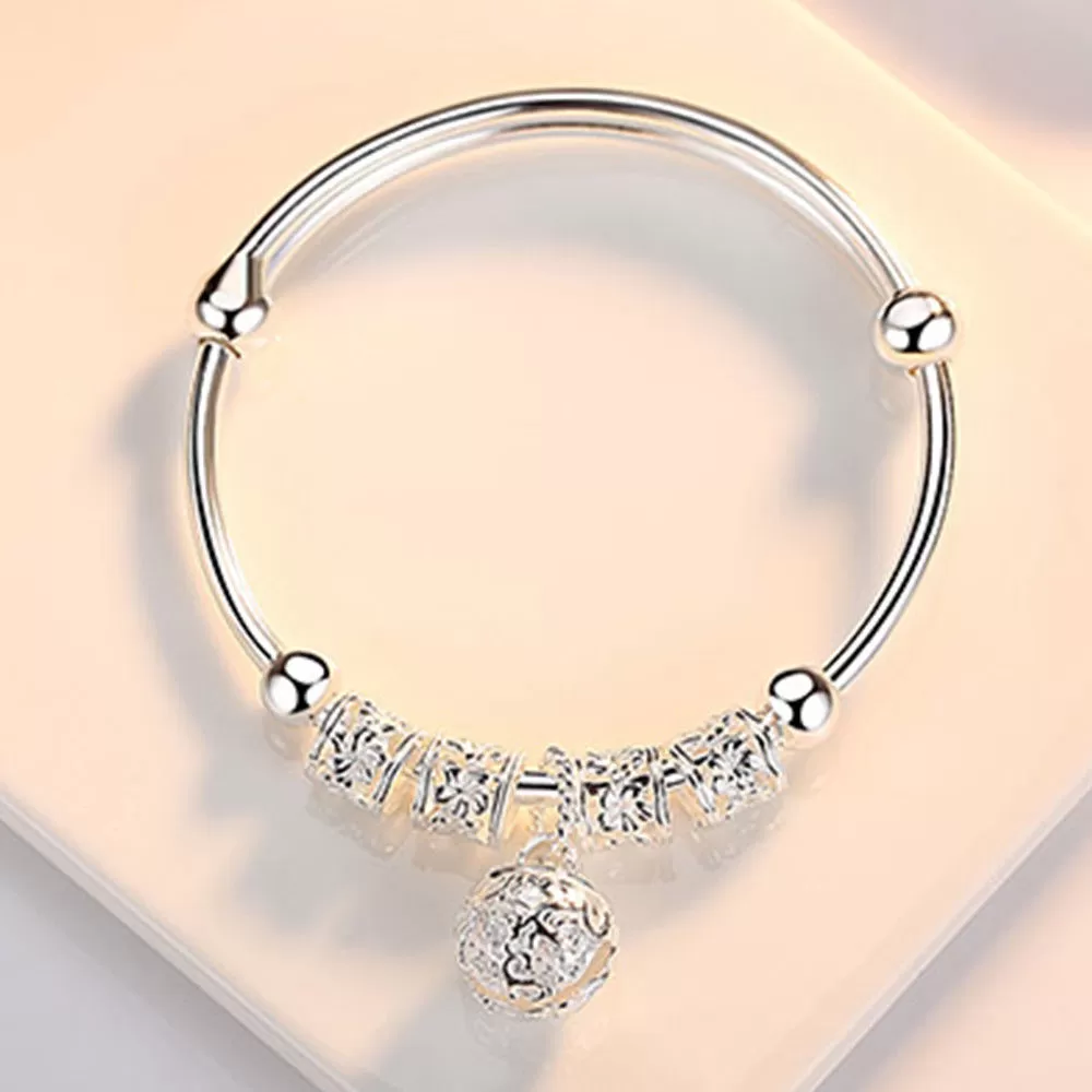 Fine 925 Sterling Silver hollow Bell bangle adjustable Bracelet