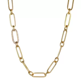 Flattened Paperclip Link Necklace with Pave Diamond Link