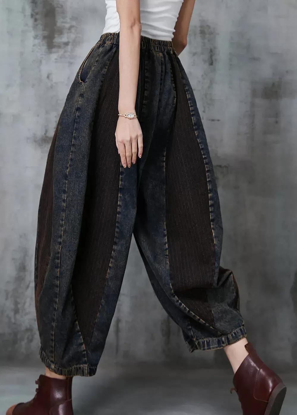 French Navy Oversized Patchwork Denim Pants Spring JK1016