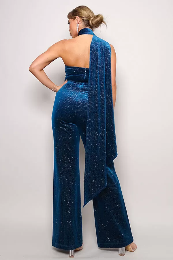 Glittery Velvet Scarf Top Jumpsuit