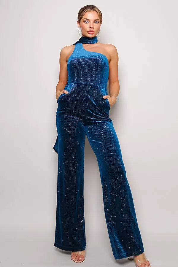 Glittery Velvet Scarf Top Jumpsuit