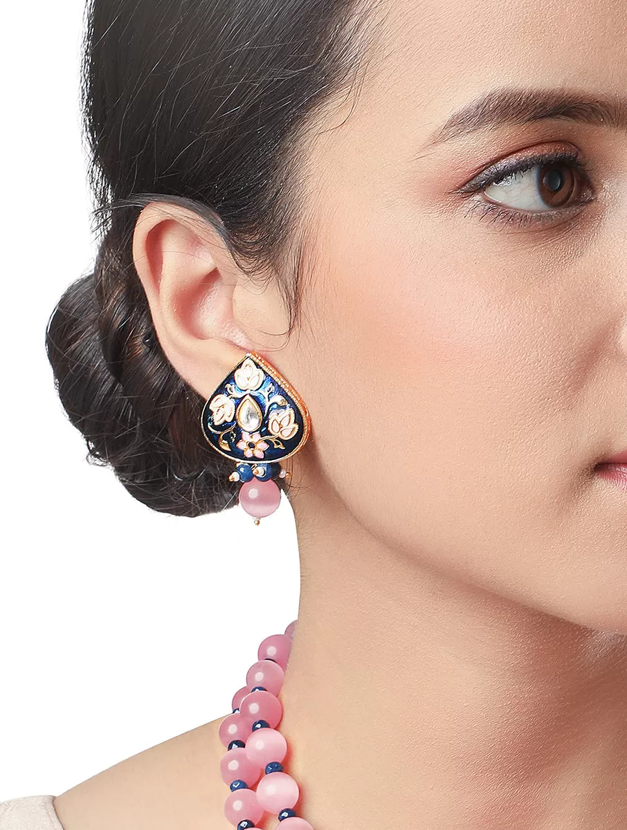 Golden, Pink and Green Hand-paint Meena earring