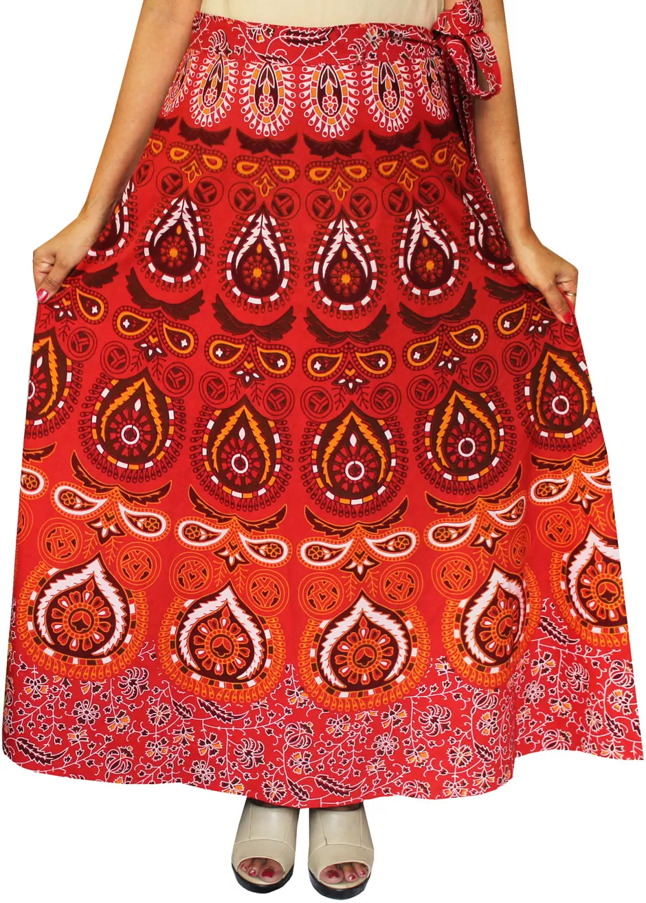 Indian Skirt Women's Cotton Printed Long Wrap Around Skirt (Red, One Size)