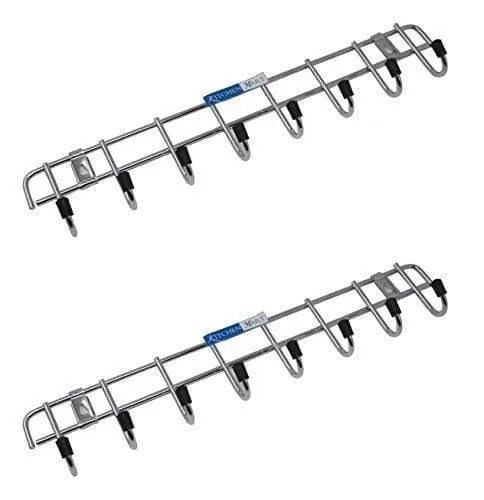 Kitchen Mart Stainless Steel Hook Rail 8-Pins, Coth hanger / Laddle hanger / Key Hanger / Towel Hanger (Pack of 2)