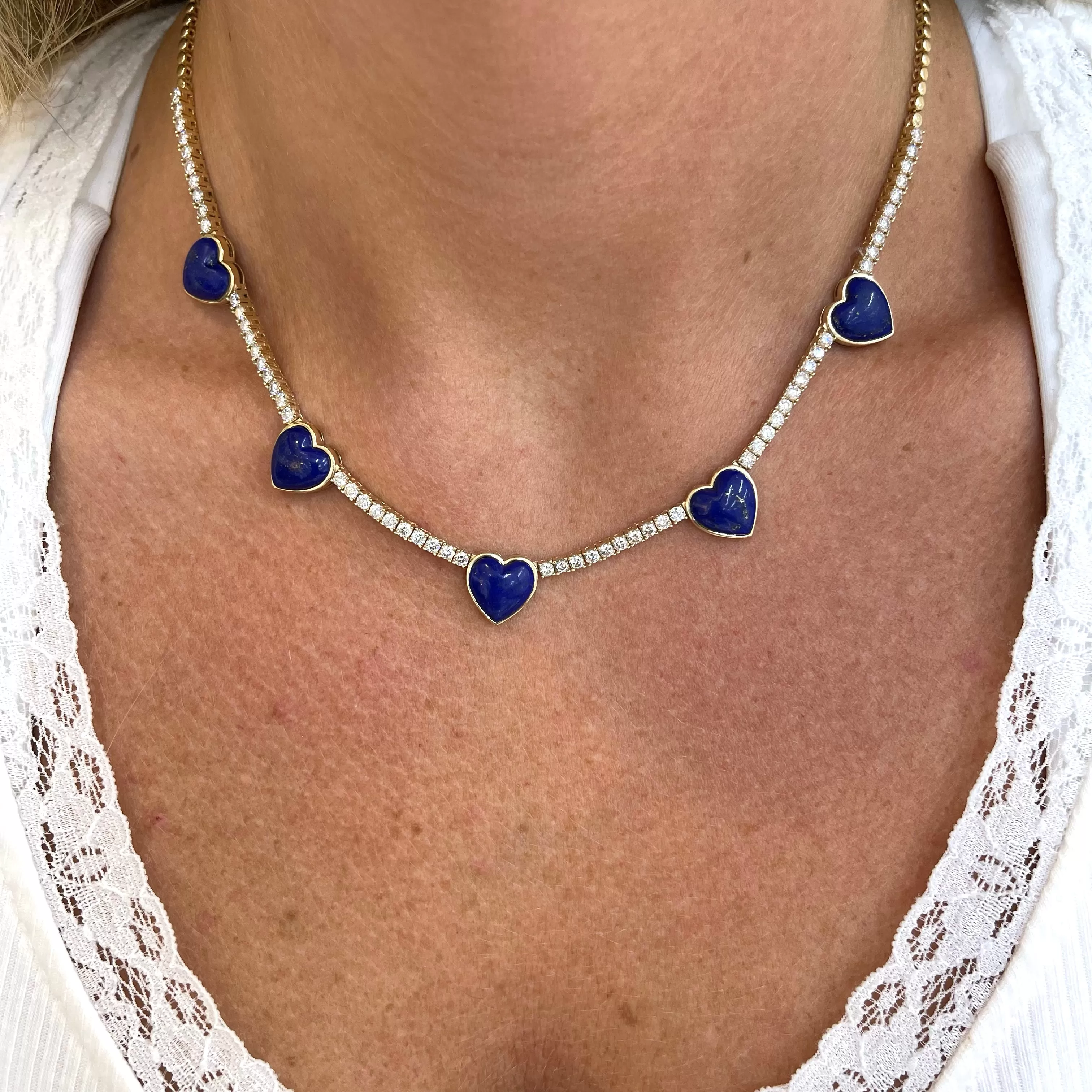 Ladies 14K Yellow Gold Heart Lapis Lazuli Diamond Tennis Necklaces