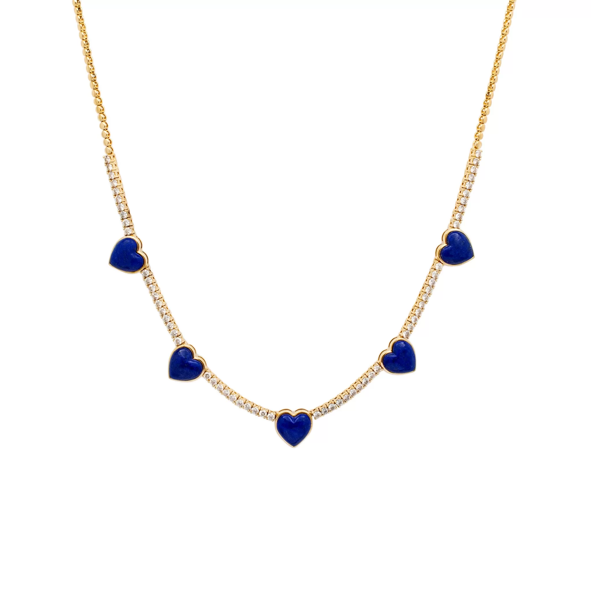 Ladies 14K Yellow Gold Heart Lapis Lazuli Diamond Tennis Necklaces