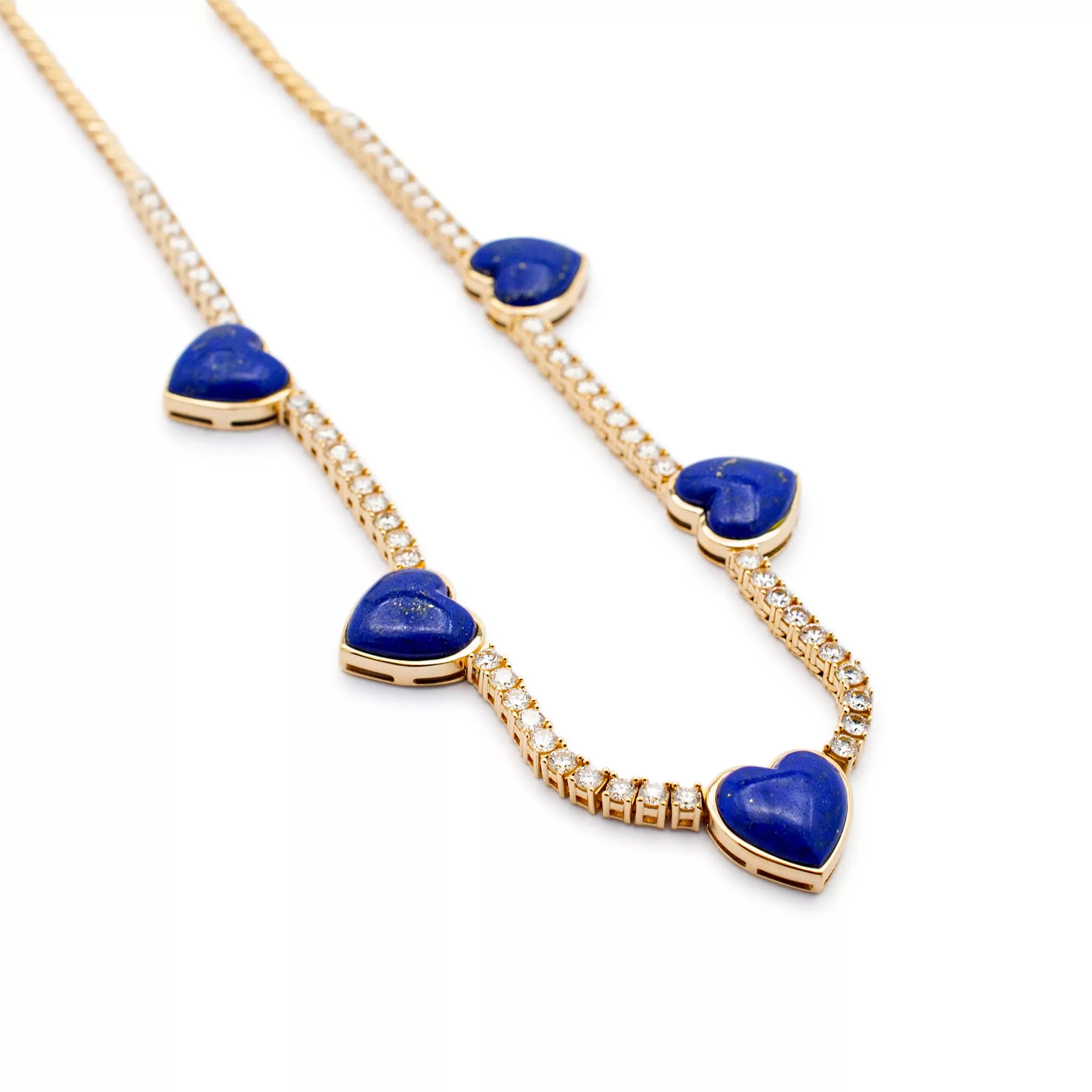 Ladies 14K Yellow Gold Heart Lapis Lazuli Diamond Tennis Necklaces