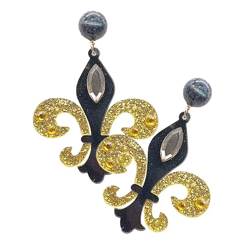 Mardi Gras Glittered Resin Fleur de Lis Dangle Earrings