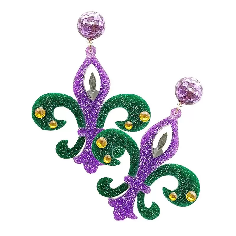 Mardi Gras Glittered Resin Fleur de Lis Dangle Earrings