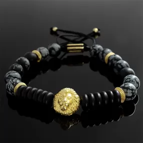 Men's Beaded Bracelet Snowflake Obsidian Gemstones with Silver Lion Charm Yellow Gold Plated