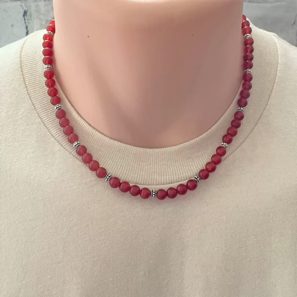 Mens Matte Carnelian and Silver Beaded Necklace