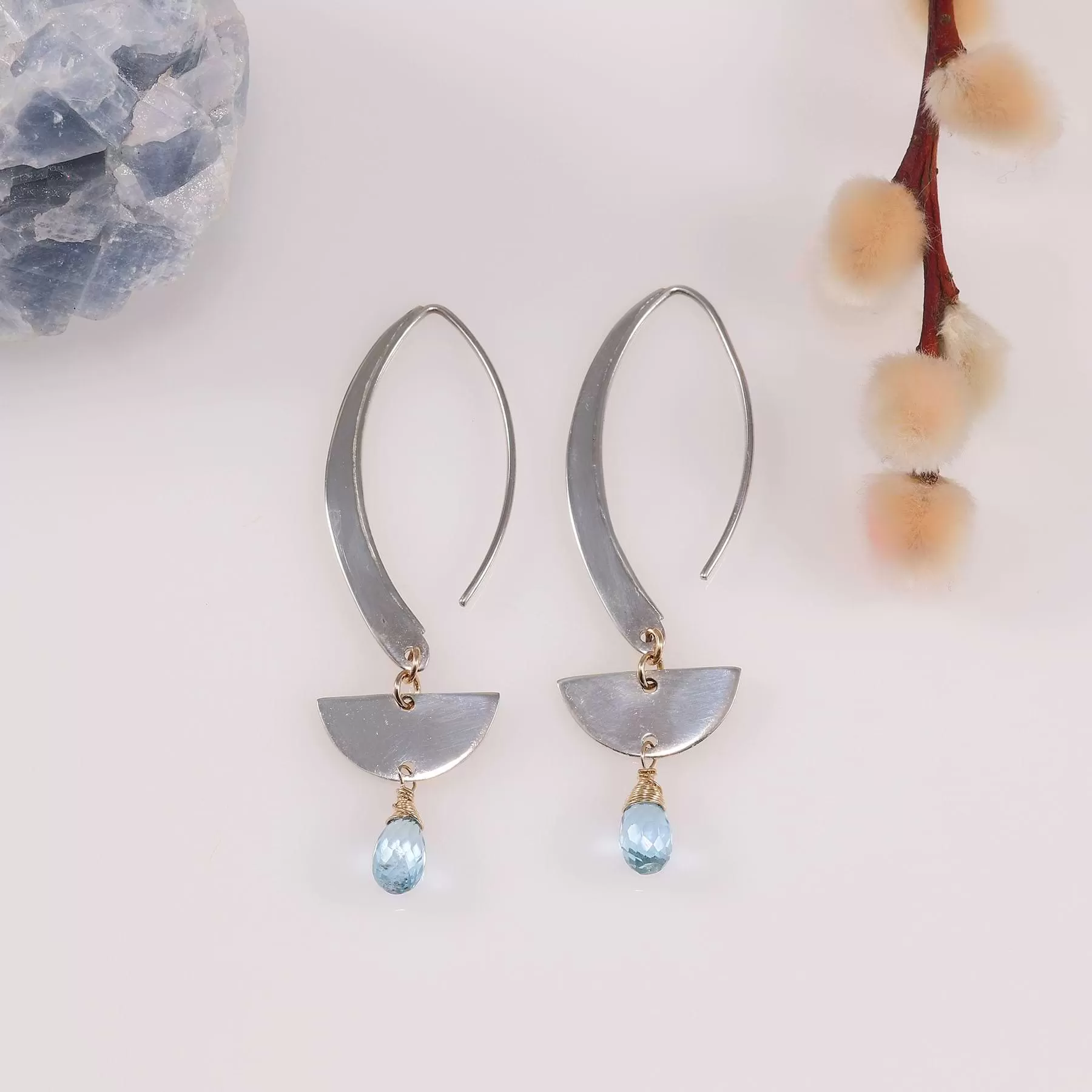 Modern Minimalist - Silver Half Circle Aquamarine Drop Earrings