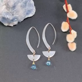 Modern Minimalist - Silver Half Circle Aquamarine Drop Earrings