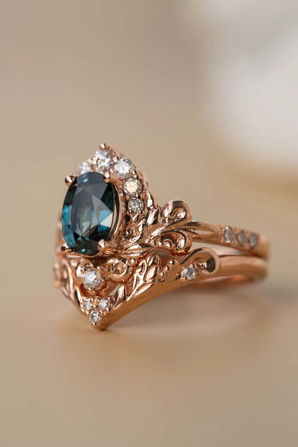 Natural teal sapphire bridal ring set, baroque inspired gold engagement ring set with diamonds / Sophie