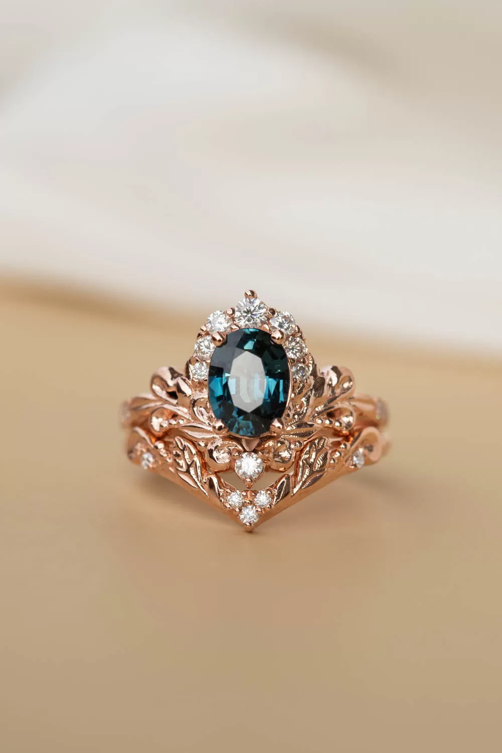 Natural teal sapphire bridal ring set, baroque inspired gold engagement ring set with diamonds / Sophie