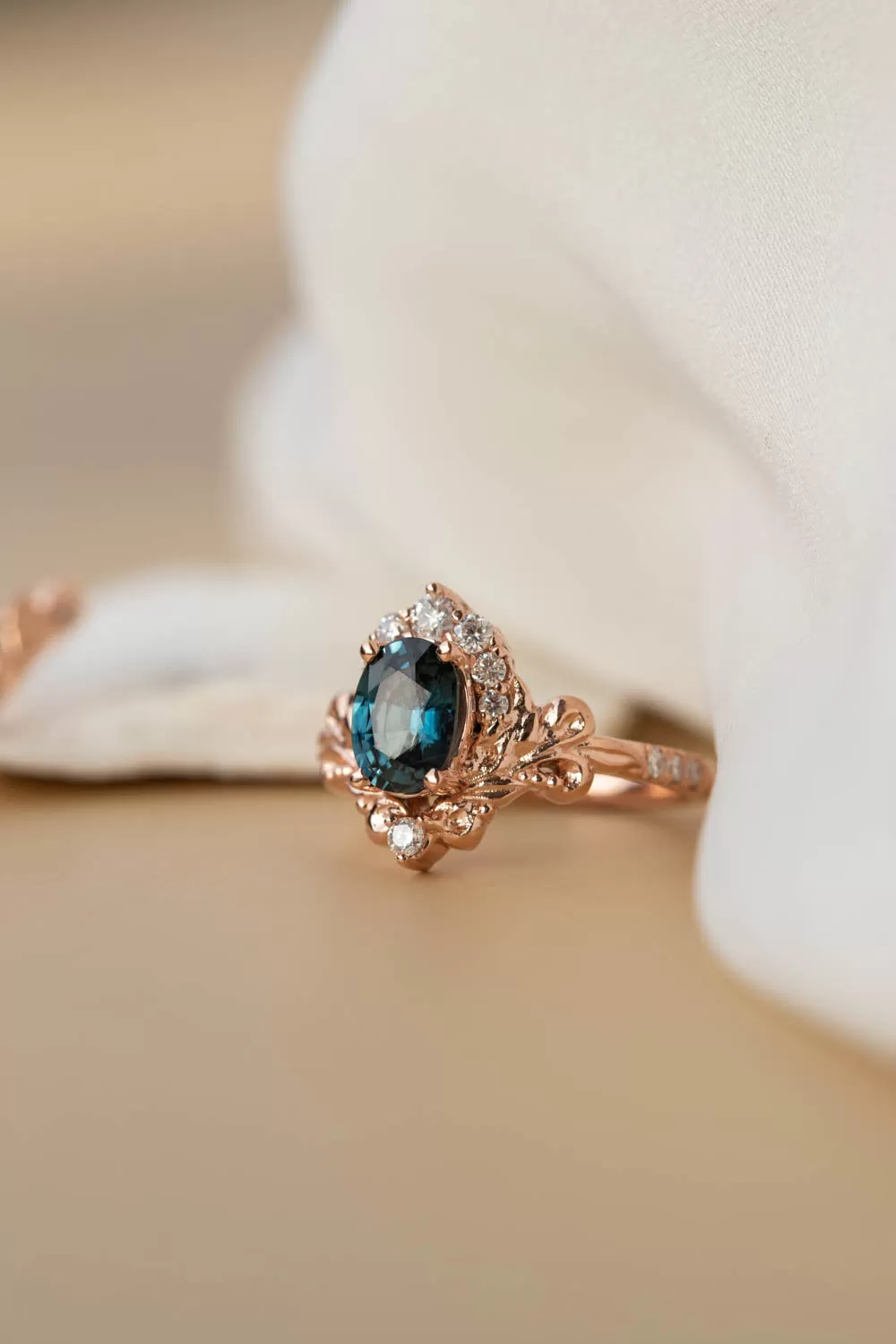 Natural teal sapphire bridal ring set, baroque inspired gold engagement ring set with diamonds / Sophie