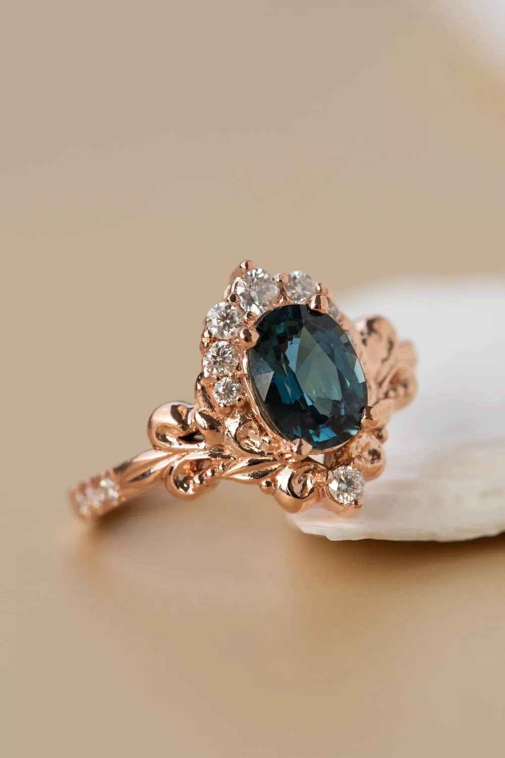 Natural teal sapphire bridal ring set, baroque inspired gold engagement ring set with diamonds / Sophie