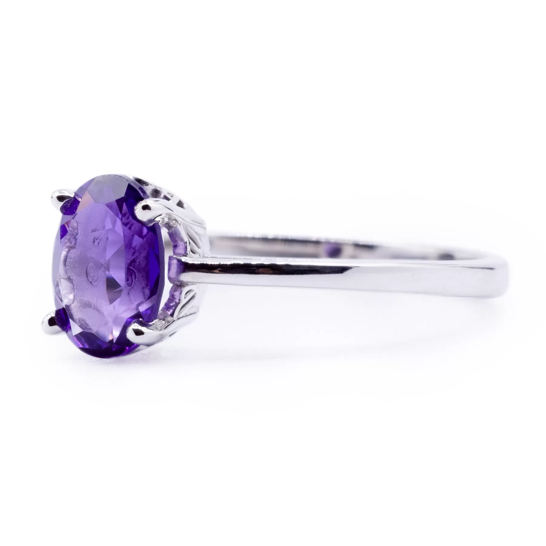 Oval Amethyst Solitaire with Vintage Scroll Detailing Ring