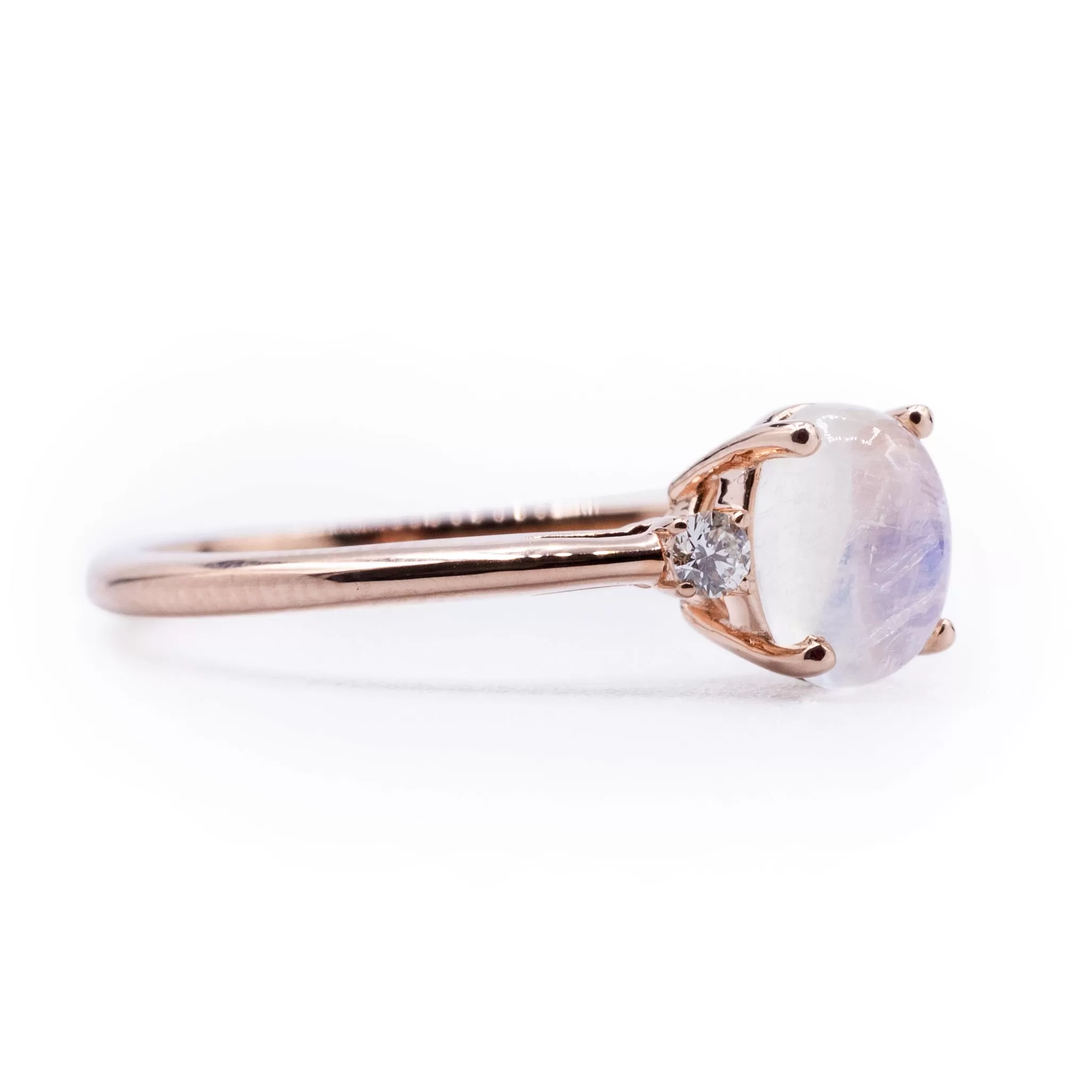 Oval Natural Rainbow Moonstone Ring with Diamond Side Stones on a Cathedral Shank