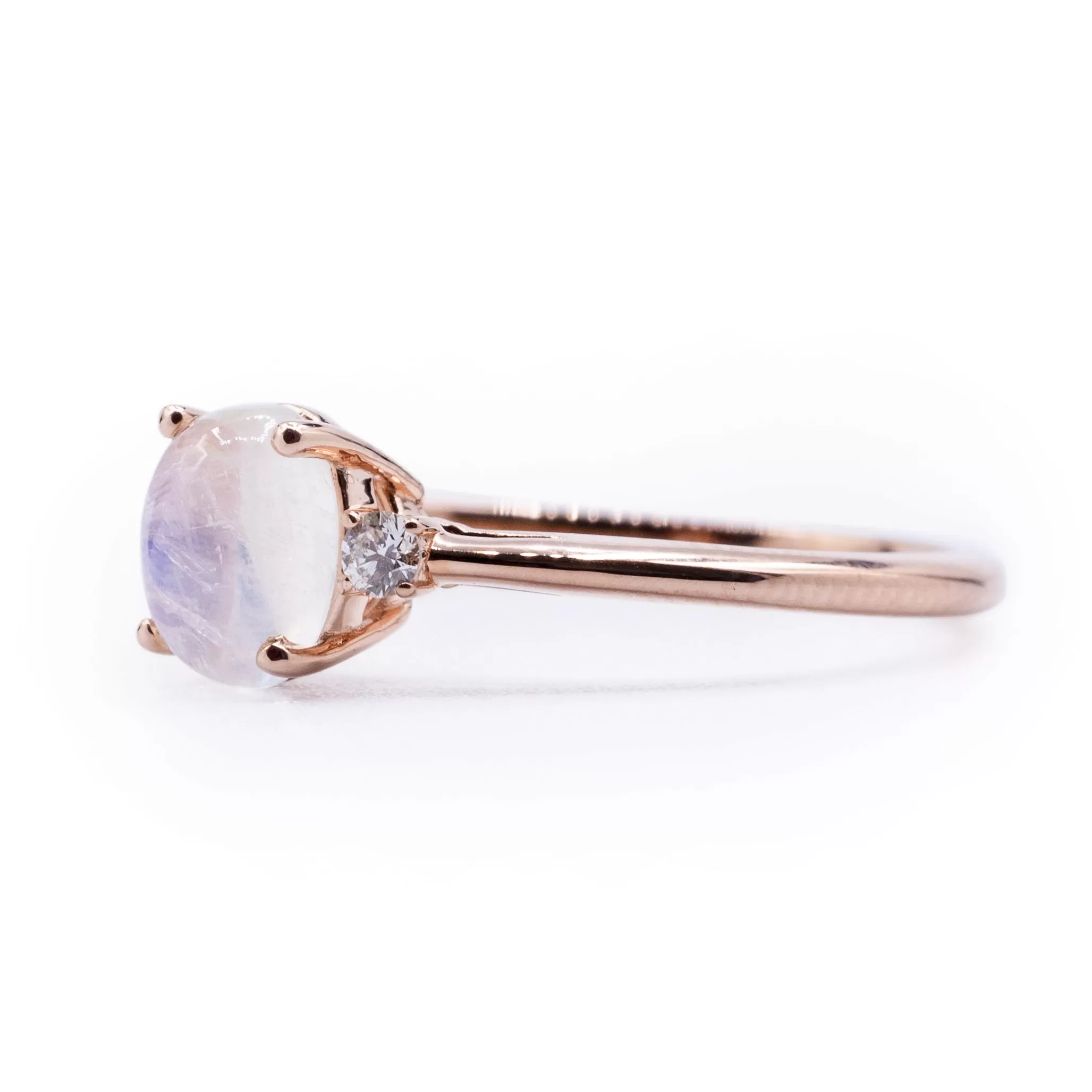 Oval Natural Rainbow Moonstone Ring with Diamond Side Stones on a Cathedral Shank