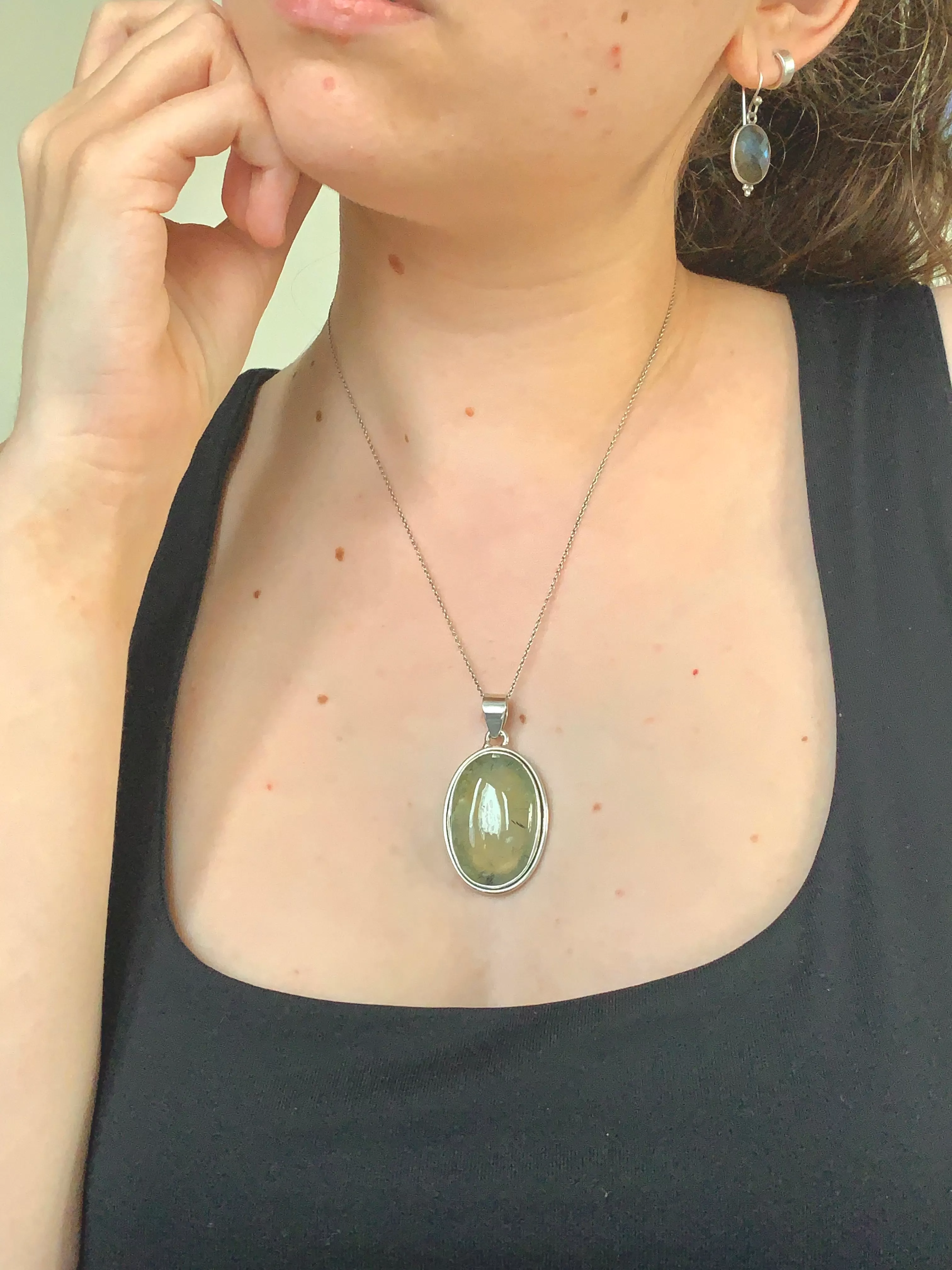 Prehnite with Epidote Brea Pendant - Large Oval