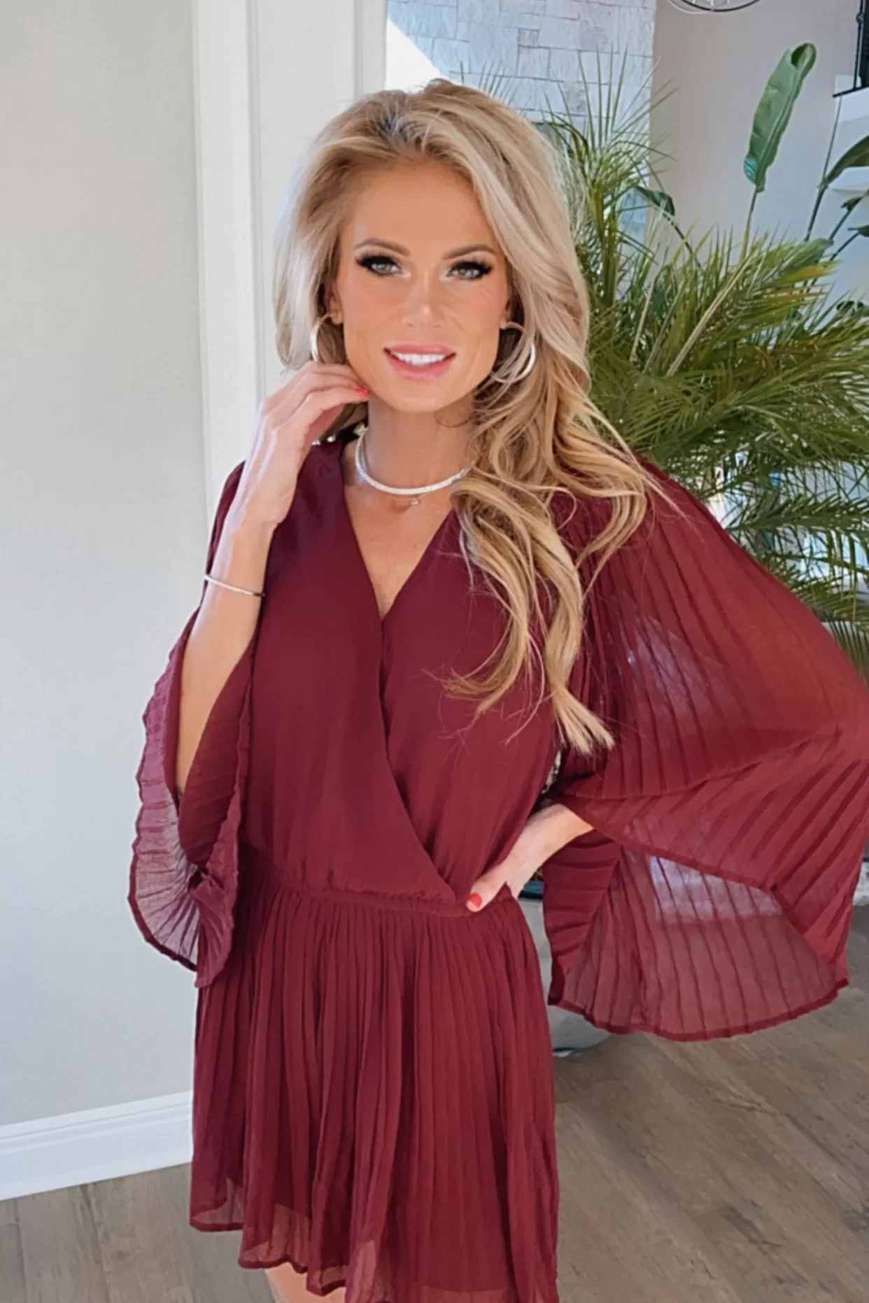 Raise A Glass Pleated Long Sleeve Romper : Burgundy