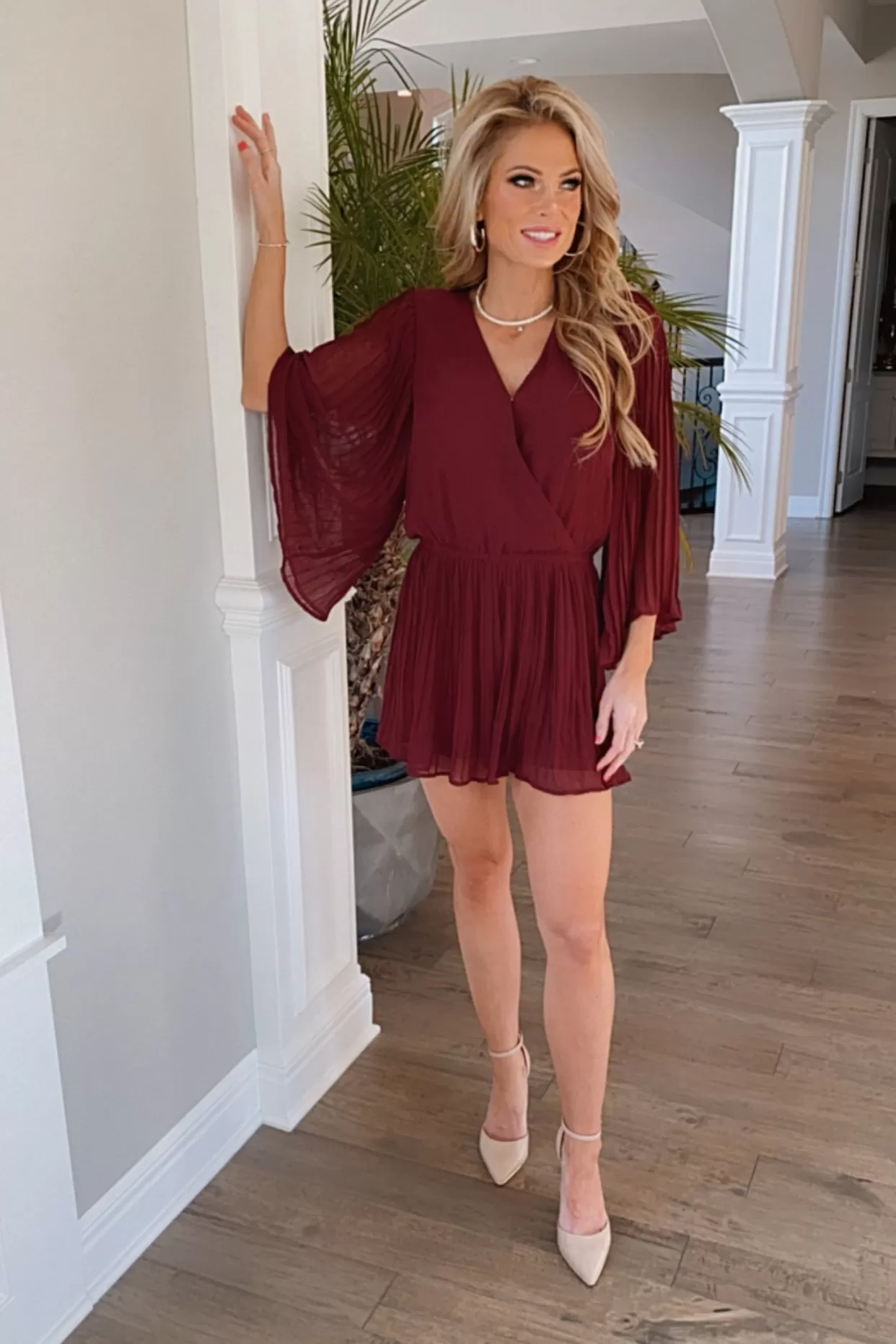 Raise A Glass Pleated Long Sleeve Romper : Burgundy